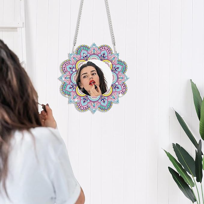 DIY Diamond Painting Mirror for Adults DIY Special Shaped Crystal Diamond Painting Kit Mandala Mirror Makeup Mirror Christmas Halloween Birthday Gifts Art Crafts Home Decor (Pink-Blue)