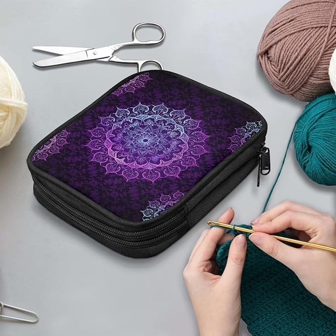 Hechitok Mandala Purple Crochet Hook Case Without Hooks and Accessories Zipper Storage Organizer Bag with Web Pockets for Various Crochet Needles Accessories Crochet Hook Kit Tools