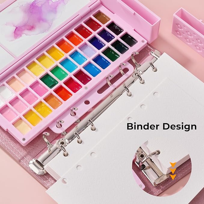 Travel Watercolor Sketchbook Set - 100% Cotton Cold Press 6.7x3.9 Inch Binder Art Journal with 36-Well Ceramic Paint Palette & 2 Travel Watercolor Brushes for Artists Outdoor Painting