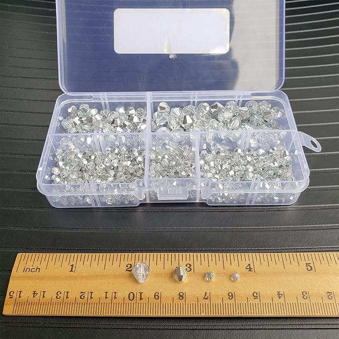 Translucent Silver Bicone Glass Beads for Jewelry Making, Faceted Crytal Spacer Beads for Bracelet Necklace Earring (3mm 4mm 6mm 8mm Mixed Sizes, 1040pcs)