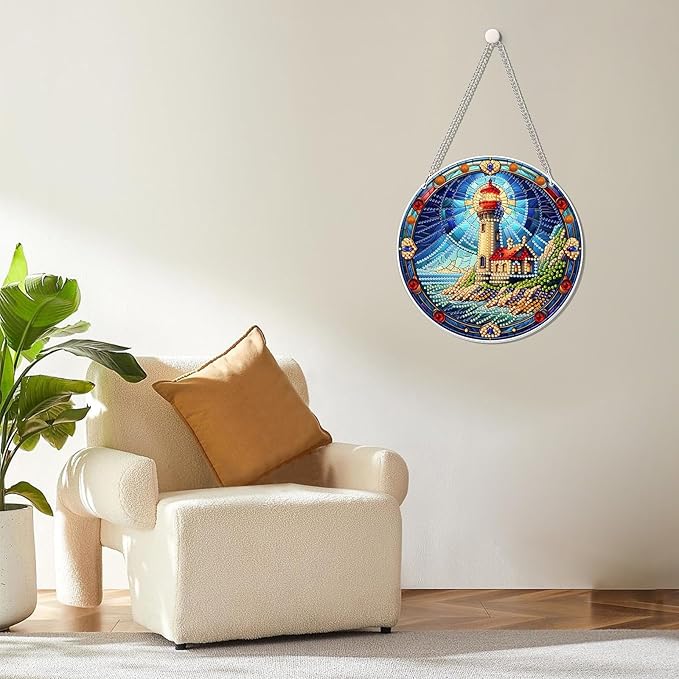 MOGTAA Hanging Diamond Art Painting Pendant Kits, 5D Lighthouse Diamond Art Kits for Adults, DIY Landscape Diamond Painting Kits Special Crystal Gem Art for Home Decor