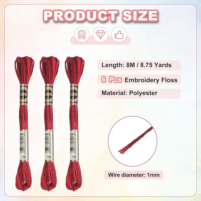 PATIKIL 6 Skeins Embroidery Floss, Polyester Embroidery Threads Bracelets String for Cross-Stitch Hand Embroidery, Dark Red