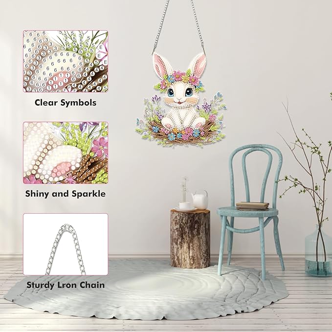 Miwixy Easter Hanging Diamond Art Kits for Adults,Rabbit Special Shaped Crystal Christmas Diamond Painting Ornament Kit DIY Double-Sided Pattern Window Pendant Gem Art Kit for Home Wall Decor