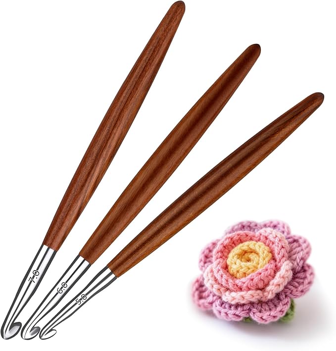 Lunarm Crochet Hooks Set, 3 Pack Ergonomic Aluminum Crochet Hooks with Wood Handle in Size 5mm 6mm 7mm for Arthritic Hands DIY Craft Knitting Dolls, Bouquets, Blankets, Hats, Gloves from Various Yarns