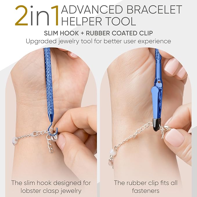 Bracelet Helper Tool with Hook - Fastener Helper Tool for Bracelet, Necklace, Jewelry, Watch - Clip, Clasp Helper - Portable, Easy-to-Use, Made of Metal - Blue
