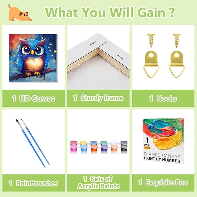 Reivworl Paint by Numbers Kit for Kids with Frame and Easel, Owl Paint by Number for Kids Age 6-8-12, Acrylic Paint by Numbers for Gifts and Home Decor (8X8inch)
