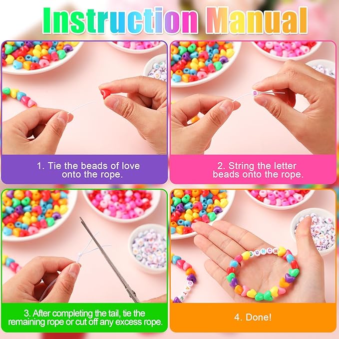 Highergo 1200 Pcs Mother's Day Bracelet Heart Beads Making Kit Letter Beads DIY with 944 Inch Elastic Cord Sweet Heart Charms for Valentine Day Bracelet Necklace Making DIY Crafts