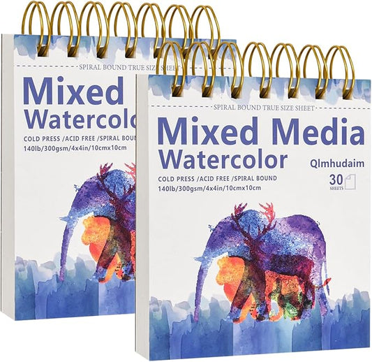 2-Pack Mixed Media Sketchbook 4" x4”| 30 Sheets 140lb/300g,Spiral - Bound with Tear - Line| Artist-Grade for Water Color Paper/Sketch Book |A Compact Watercolor Paper,Sized Exercises or Travel