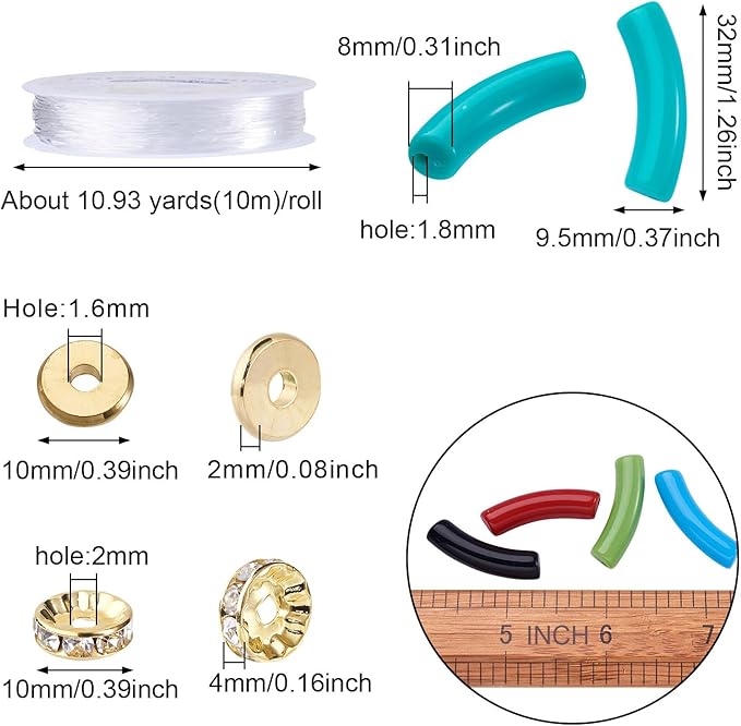 150Pcs Acrylic Chunky Tube Beads with Rondelle Brass Rhinestone Spacer Beads & Elastic Crystal Thread, 15 Colors Long Noodle Curved Tube Beads for Bamboo Bangles Bracelet Jewelry Making
