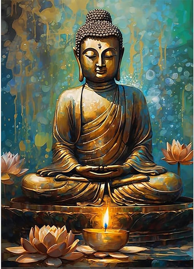 SENQAO Buddha Diamond Painting Kits for Adults, 5D Buddhism Inspirational Full Drill Diamond Art Kits, Lotus DIY Round Full Drill Gem Art and Crafts for Home Wall Decor 12x16inch