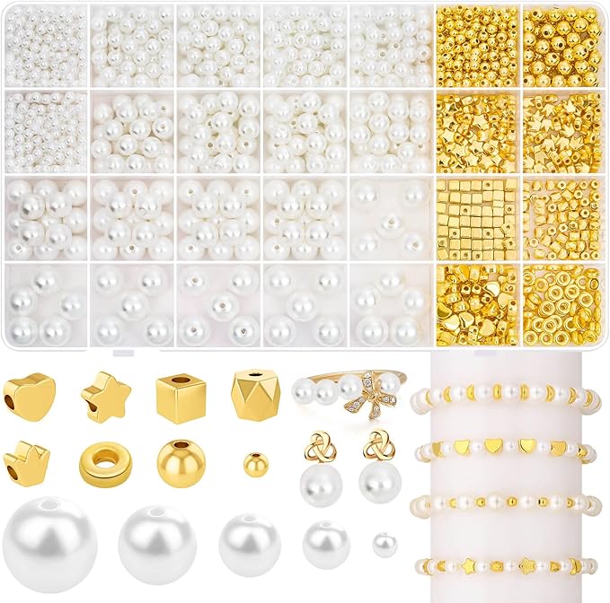 Audab Bracelet Making Kit, 1332 Pieces Pearl Beads and Gold Spacer Beads for Bracelets Making and Jewelry Making for Adults