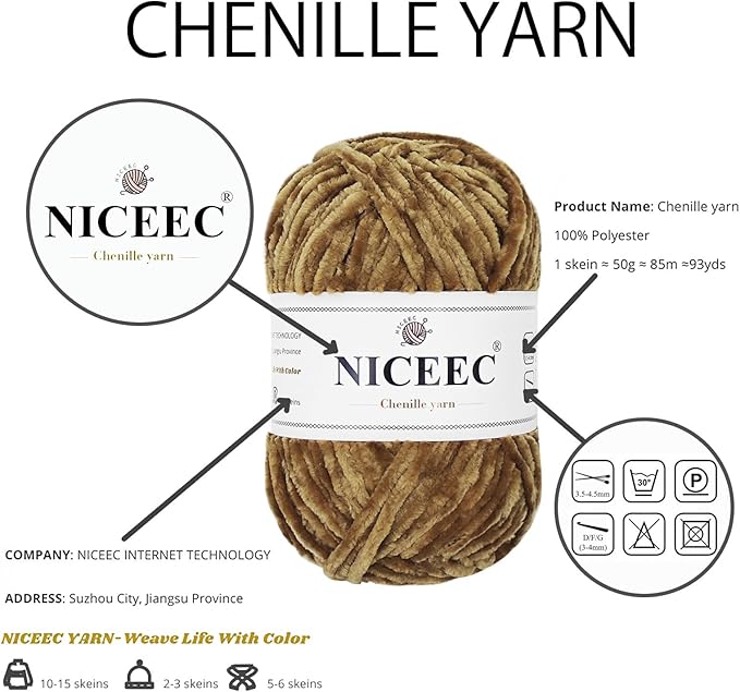 NICEEC 3 Skeins Soft Chenille Yarn Blanket Yarn for Knitting Fancy Yarn for Crochet Weaving DIY Craft Total Length 3×85m (3×93yds, 3×50g)_Dark Brown