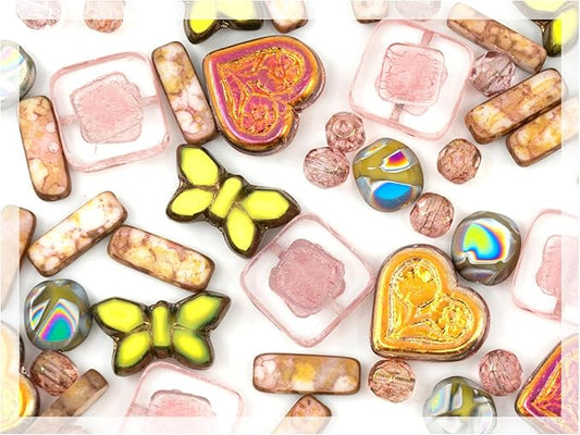 2.1oz (60g) of Focal Glass Bead Mix with Table-Cut Flower and Butterfly Beads, PG Pale Green Pink