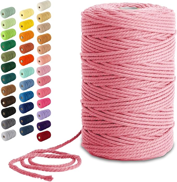 Nook Theory Macrame Cord - 3mm 220 Yards Cotton Rope, 4mm 5mm Yarn, String for Crafts, Perfect for Macrame Wall Hanging and Boho Decorations (Flamingo)