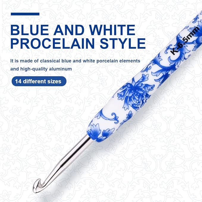 BCMRUN Crochet Hooks Set with Case 14 Size Blue and White Porcelain Pattern for Arthritis Hands, 2.25mm(B)-10mm(N) Crochet Needles for Beginners, Mothers Day Gift, Crochet Lovers (Azure)