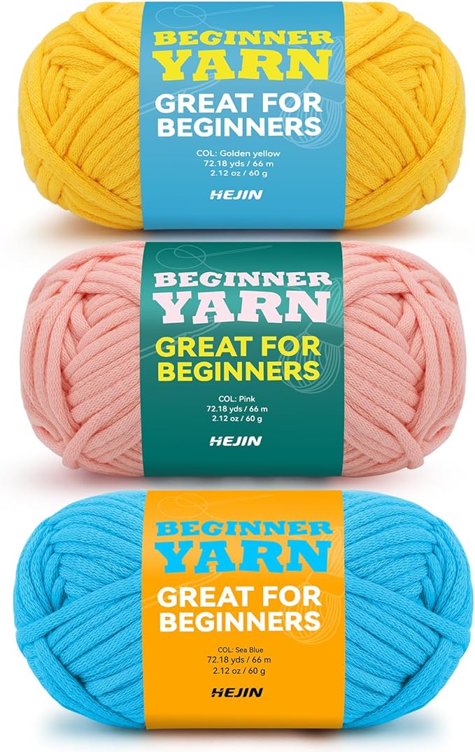 3x60g Yellow+Pink+Blue Yarn for Crocheting and Knitting;3x66m (72yds) Cotton Yarn for Beginners with Easy-to-See Stitches;Worsted-Weight Medium #4;Cotton-Nylon Blend Yarn for Beginners Crochet Kit