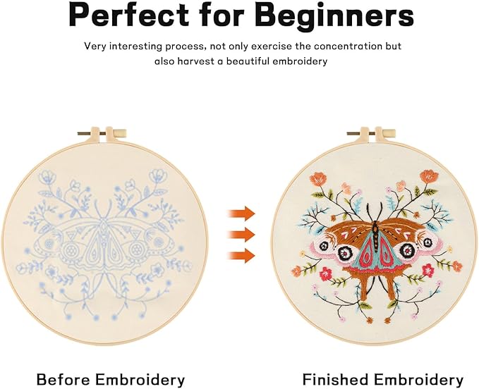 JOINRUN Embroidery Starter Kit for Beginners Adults: DIY Butterfly Cross Stitch Kit for Craft Lover Learn Hand Stitch, Includes Stamped Pattern,Hoop, Easy to Follow Instruction and Video
