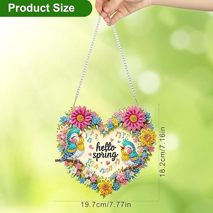 CEOVR Spring Brids Hanging Diamond Painting, Brids Sing Diamond Art for Adults Pendant DIY Spring Flowers Gem Art Wall Hanging Ornament, Acrylic Home Garden Decor with Chain, Box Kit 7.77×7.16inch