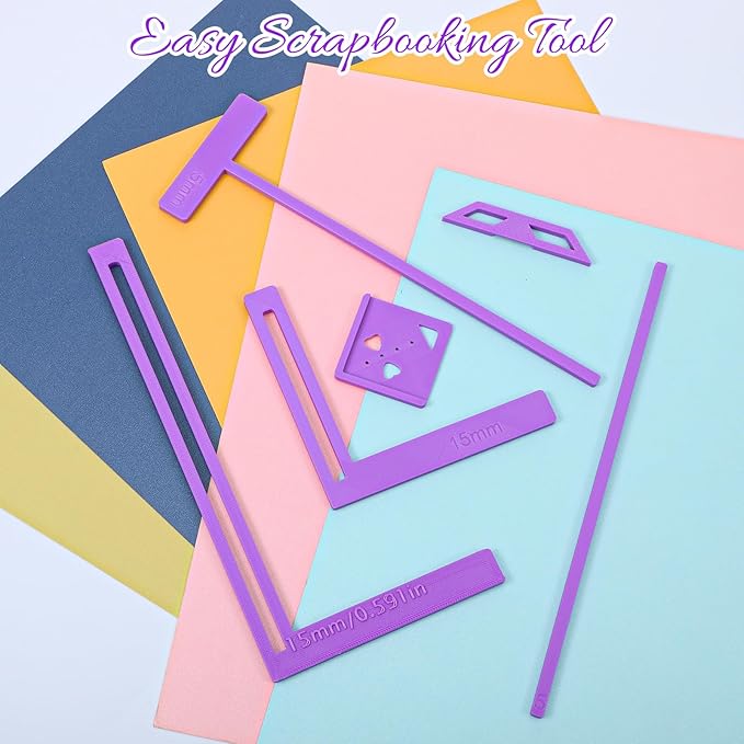 6PCS Book Binding Tool, Easy Scrapbooking Tools Kit for Starter, L Ruler + T Ruler + I Ruler + Corner Miter + Eyelet Guiding for Journal, Notebook, DIY Projects, Scrapbooking Bookbinding (Purple)