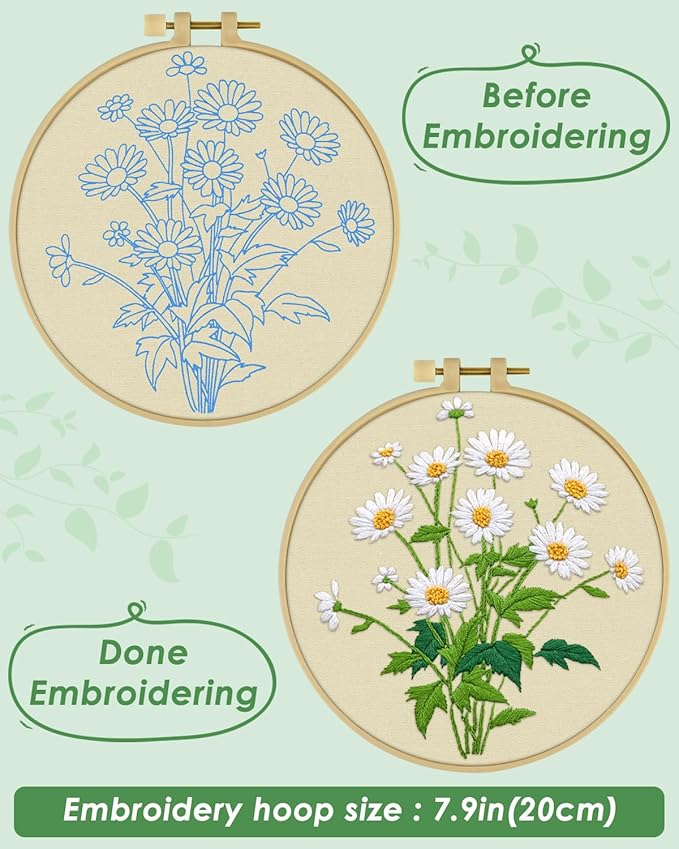 ERKOON Embroidery Kit for Beginners, Flower Cross Stitch Set Include Embroidery Cloth Hoops Threads for Craft Lover Hand Stitch with Embroidery Skill Techniques (Daisy)