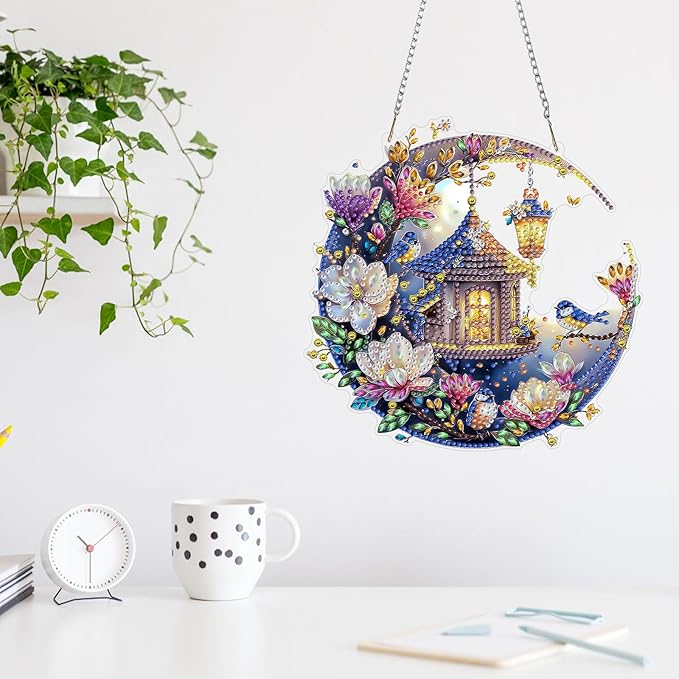 MAXBYE Diamond Art Painting Kits Hanging Flowers and Bird Pendant, DIY 5D Special Shaped House and Moon Gem Art Craft Diamond Dots for Adults and Home Window Door Decor