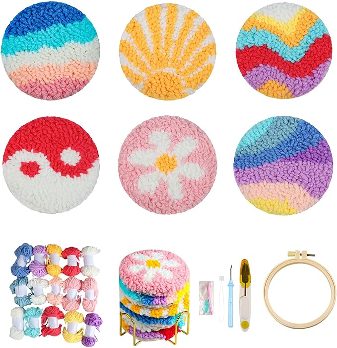 AIRDEA Punch Needle Drink Coasters Kit,Casual Punch Needle Embroidery Complete Kits for Beginner 3.29x3.29 Inches,Included All Accessories,DIY Car Coasters (Pink)