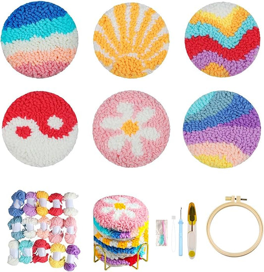 AIRDEA Punch Needle Drink Coasters Kit,Casual Punch Needle Embroidery Complete Kits for Beginner 3.29x3.29 Inches,Included All Accessories,DIY Car Coasters (Pink)