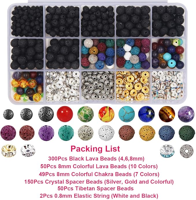 EuTengHao 602Pcs Lava Beads Stone Kits with 8mm Chakra Beads and Spacers Beads Bracelet Elastic String for Diffuse Essential Oils Adult DIY Jewelry Making Supplies