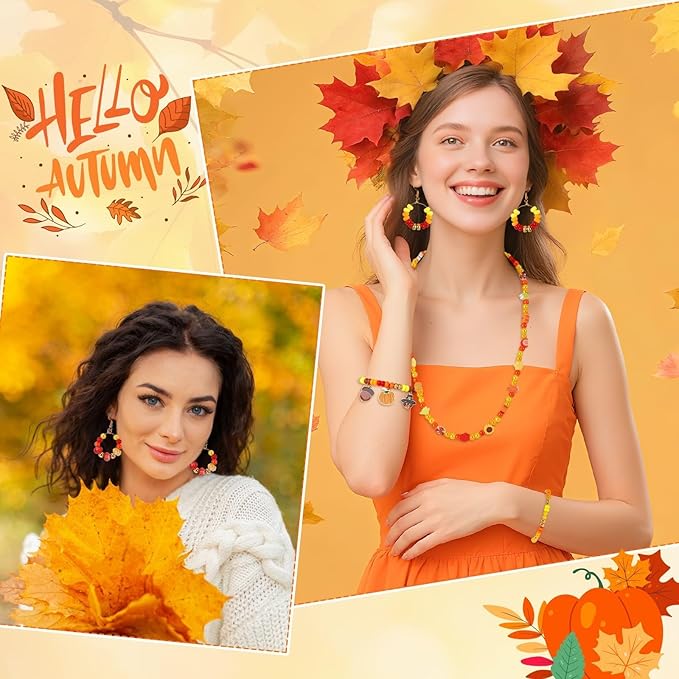 UPINS 2100PCS+ Fall Bracelets Beads Kit for Jewelry Making Thanksgiving Autumn Clay Round Maple Leaf Pumpkin Pony Pearl Beads for Fall DIYJewelry Supplies