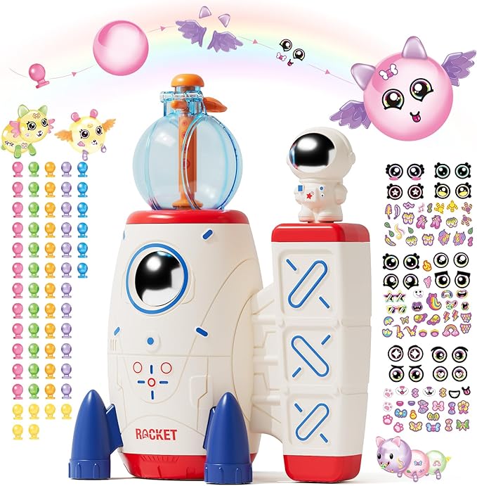 pinshile diy space magic balloon craft kit, sticker decorated balloons toy for kids, rocket air pump fun with balloon monster pals, diy creative activity, birthday gifts for girls boys ages 3+
