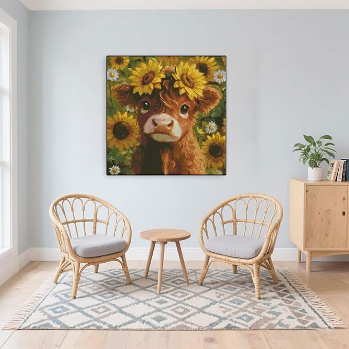 stamping cross stitch kit highland cow, counting cross stitch kit for adult beginners sunflower, cow full line diy cross stitch stitching kit for home decor cross stitch patterns 13.7x13.7 inches