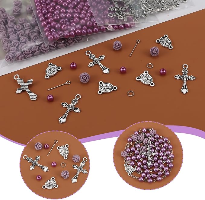 OEMOO 1410PCS Rosary Jewelry Making Kit Rosary Prayer Making Supplies Carved Rose Beads Cross Centerpiece Crucifix Medal, Silver Jesus Maria Pendant for Rosary Bracelet Necklace Jewelry (Purple)
