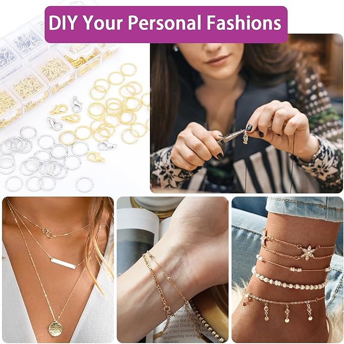1200pcs Jump Rings for Jewelry Making Supplies, Necklace Repair Assorted Kit, 12mm Lobster Clasp 5 Size Jump Ring for Jewelry Clasps and Closures (Gold)