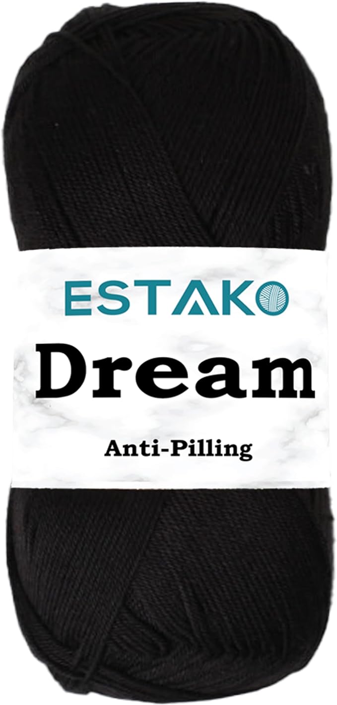 Estako Dream, 100% Microfiber Acrylic Yarn, Soft, Super Fino/Fingering Weight (1) for Crochet and Knitting 3.5 Oz (100g) / 382 Yrds (350m) (70978 - Black)