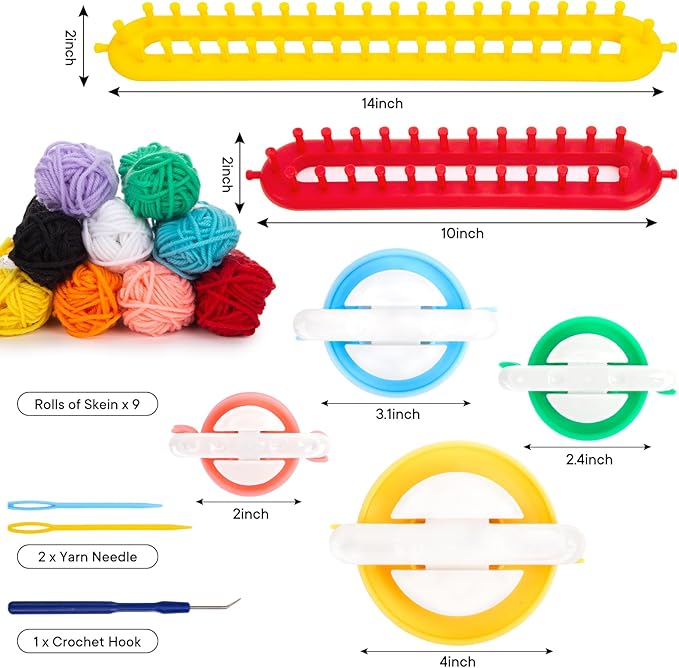 vgoodall 18pcs knitting loom and pompom maker set, rectangle knitting looms pom pom makers with 9 yarn skeins acrylic knitting supplies for beginners christmas hat scarf shawl sweater socks