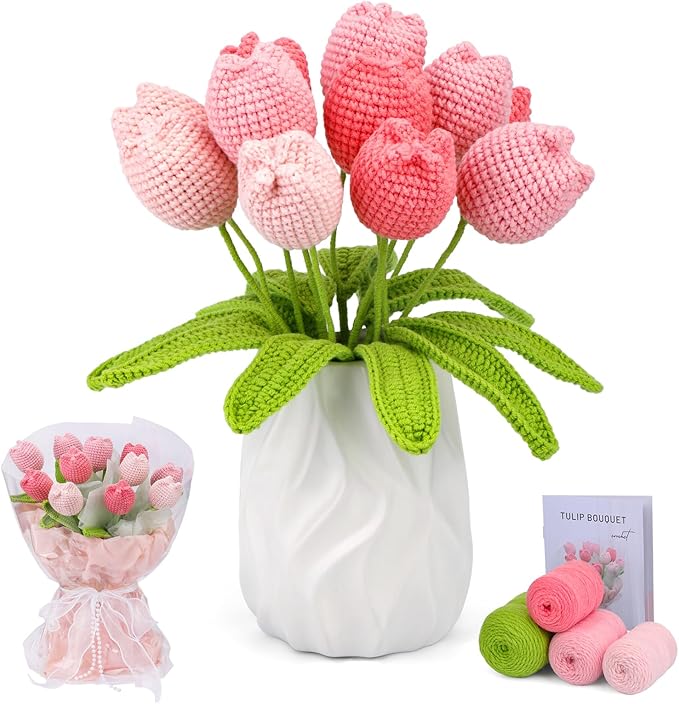 Iuuidu Crochet Kit for Beginners, Crochet Flower Bouquet Kit Pink, Beginner Crochet Kit for Adults, Crochet Flower Bouquet with Step-by-Step Video Tutorials for Birthday, DIY Craft Home Decor