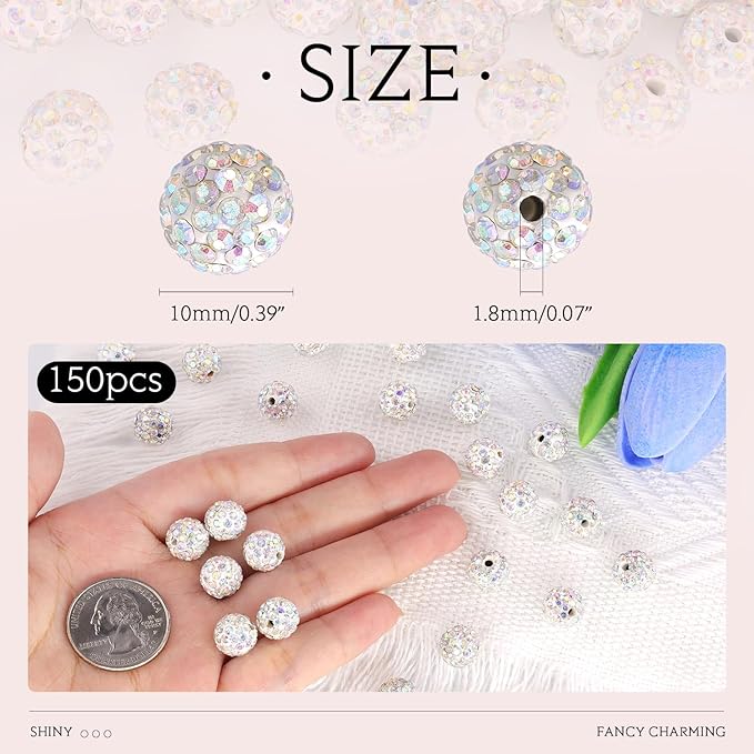 150 pcs 10mm Rhinestone Beads for Jewelry Making, Crystal AB Shiny Round Shamballa Disco Beads Bulk, Sparkle Crystal Clay Christmas for Bracelet Baseball Necklace Earring Crafting and DIY