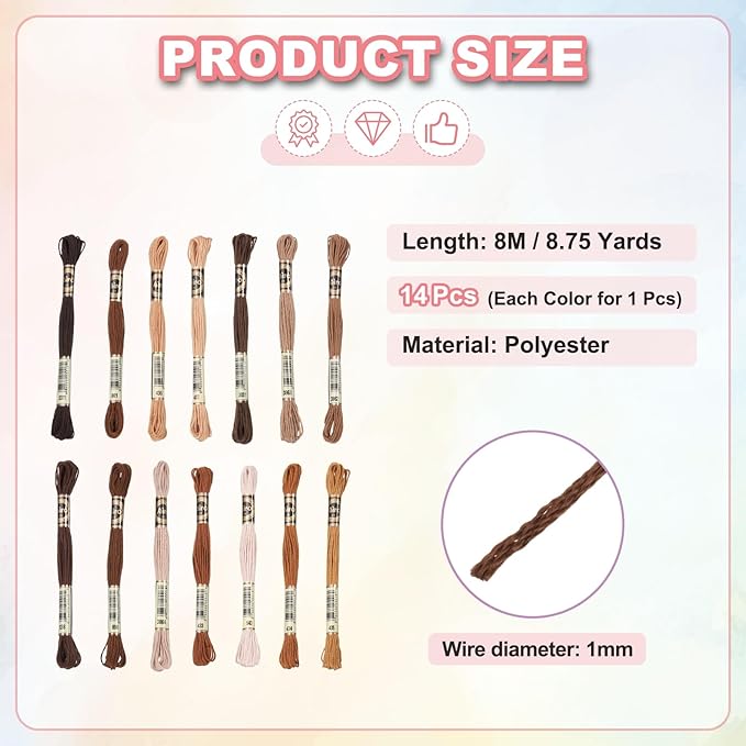 PATIKIL 14 Skeins Embroidery Floss, Polyester Embroidery Threads Bracelets String for Cross-Stitch Hand Embroidery, Multicolored Red Brown