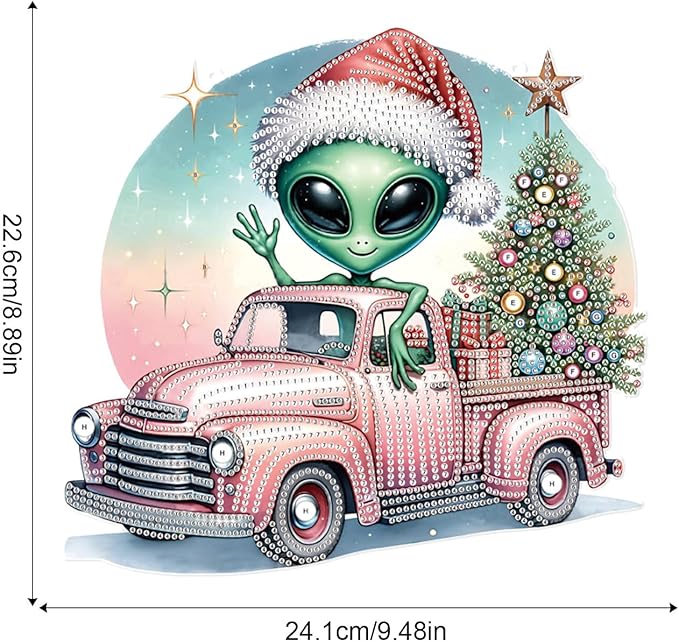 Alien Diamond Painting Hanging Ornament Kit, 5D DIY Christmas Truck & Tree Pendant Decoration with Santa Hat, Crystal Diamond Art Kit for Adults Home Wall Door Window Xmas Decor (24.1x22.6cm)