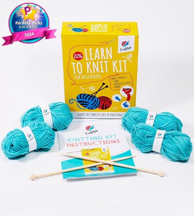 CraftLab Knitting Kit - Beginner Knitting Supplies with Wool Yarn, Needles, Instructions, DIY Gift