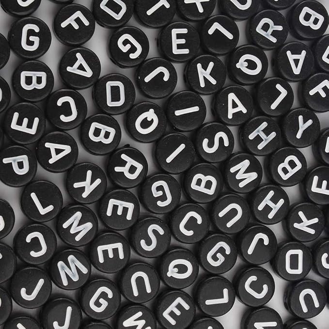 Song Xi 1200pcs Black Round Acrylic Alphabet Beads - White Letter Beads 4x7mm for Bracelets and Jewelry Making Key Chains