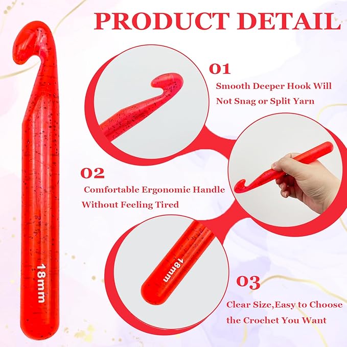 Hobekoee 18mm Large Crochet Hook for Chunky Yarn,Ergonomic Crochet Needles for Arthritic Hands,Plastic Crystal Smooth Crochet Hooks for Handmade DIY Crocheting