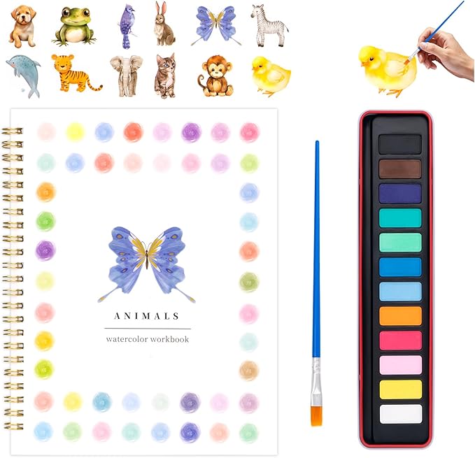 Watercolor Workbook for Adults, Beginner Friendly Watercolor Painting Kit Animals Water Coloring Book, Nature-Themed Practice Art Gift Water Color Paint Book with Palette and Brush