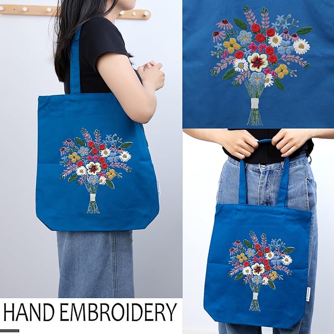 CREAWONDER Canvas Tote Bag Embroidery Kit with Pattern for Beginners, Arts and DIY Embroidery Crafts Kits for Adults, Include Instructions, Thimble, Embroidery Hoops, Color Threads and Tool