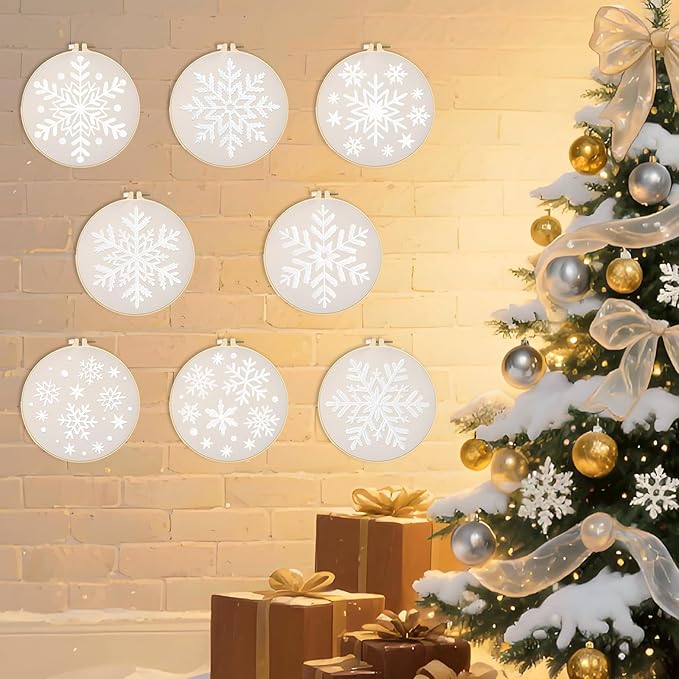 ORIGACH 8 Pcs Snowflakes Embroidery Kit for Beginners, Christmas Stamped Design Embroidery Starter Kit Includes Cloth, Hoops, Threads & Needles
