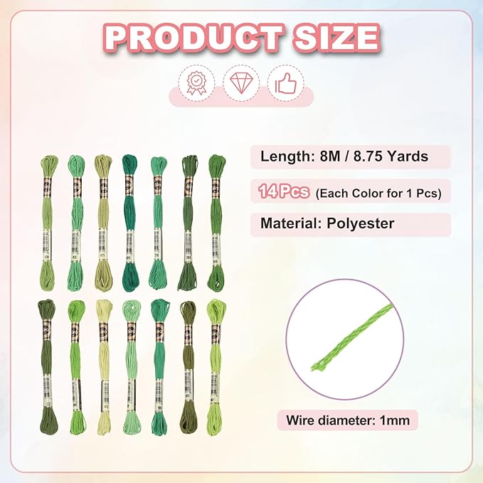 PATIKIL 14 Skeins Embroidery Floss, Polyester Embroidery Threads Bracelets String for Cross-Stitch Hand Embroidery, Multicolored Dark Green