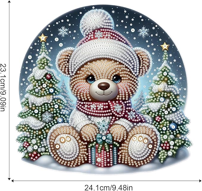 Christmas Diamond Painting Hanging Ornament Kit, 5D DIY Crystal Diamond Art Pendant with Bear Doll and Christmas Tree, Wall, Window & Door Decoration for Adults, Home Holiday Gift, 24.1 x 23.1 cm