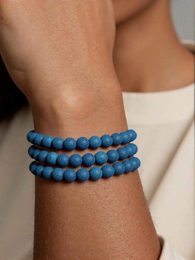 Stone Beads, 60pcs Matte Blue Frosted Agate, 6mm Round Loose Beads for Jewelry Making, Bracelets, with Bag, String & Card
