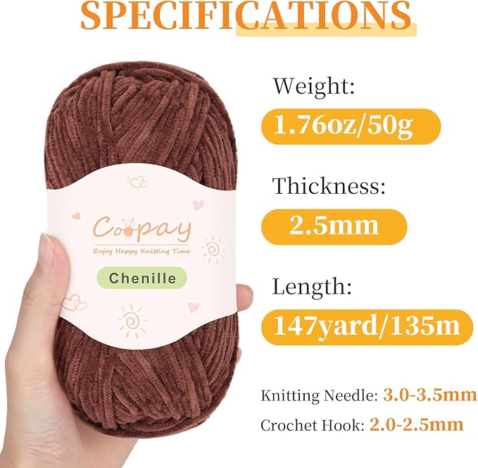 Coopay Skinny Chenille Yarn for Crocheting and Knitting, 12 Pack of 50g/1.76oz - 1764yd Total, Soft Velvet Yarn of Baby Weights - Suitable for Baby Blankets, Plush Toys - Super Soft (Brown Gradient)