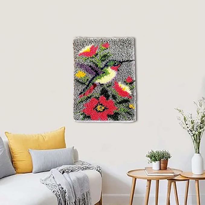 Hummingbird Garden Latch Hook Rug Kit – Vibrant Bird & Flowers Design | Pre-Printed Canvas & Soft Yarn for Adults – Relaxing Yarn Craft for Wall Decor Holiday Gifts, 23.6''x15.8'' (Hummingbird Bloom)